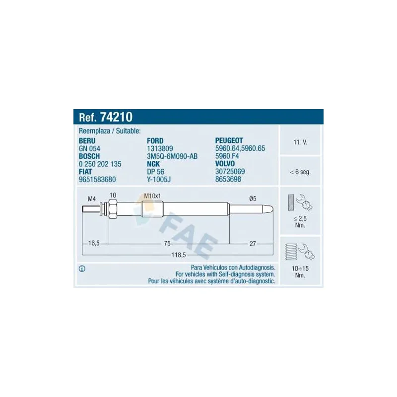 Bougie de préchauffage FAE 74210