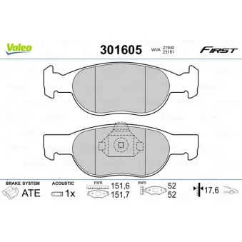 Jeu de 4 plaquettes de frein avant VALEO 301605