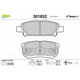 Jeu de 4 plaquettes de frein arrière VALEO 301852