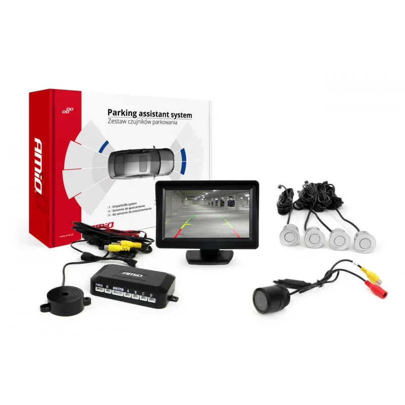 Système d'aide au stationnement TFT 4,3 "avec HD-301-IR 4 capteurs argent AMIO 01581