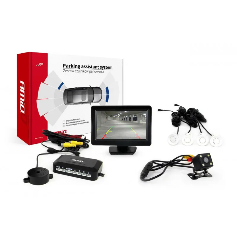 Système d'aide au stationnement TFT 4,3 "avec HD 315 LED 4 capteurs blanc AMIO 01099