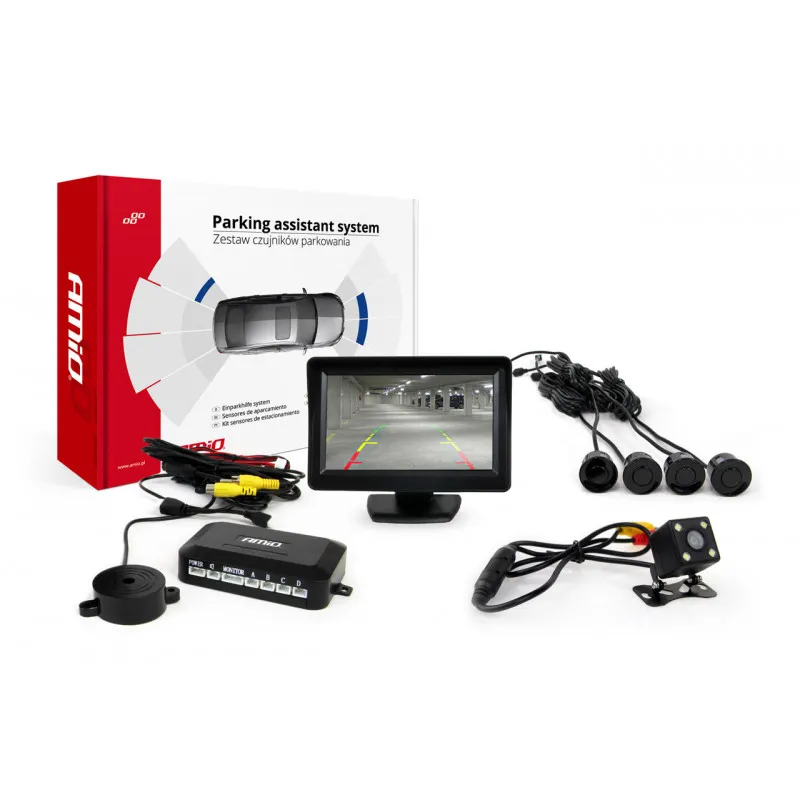 Système d'aide au stationnement TFT 4,3 "avec HD 315 LED 4 capteurs noir AMIO 01100