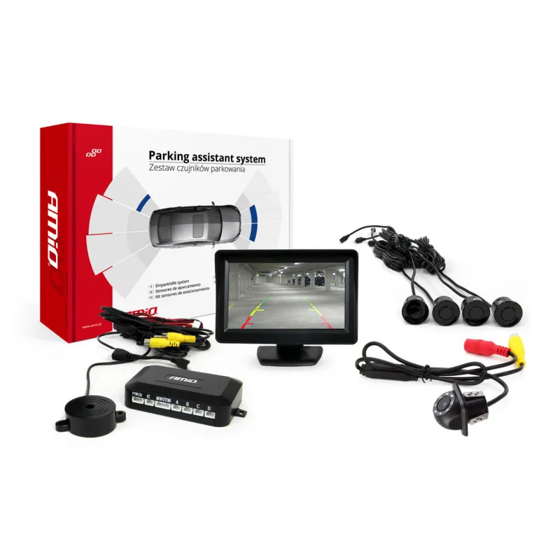 Système d'aide au stationnement TFT 4,3 "avec HD-305 LED 4 capteurs noir AMIO 02260