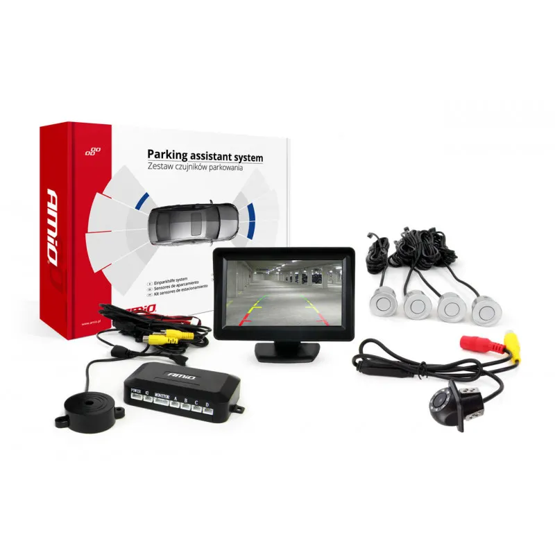Système d'aide au stationnement TFT 4,3 "avec HD-305 LED 4 capteurs argent AMIO 02261