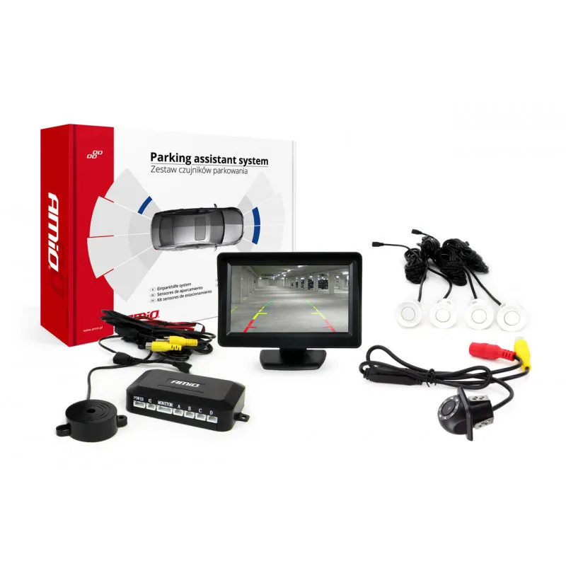 Système d'aide au stationnement TFT 4,3 "avec LED HD-305 4 capteurs blanc AMIO 02262