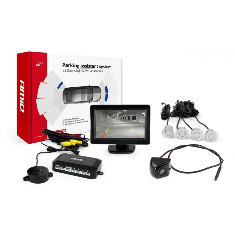 Système d'aide au stationnement TFT 4,3 "avec HD-310 4 capteurs argent AMIO 02272