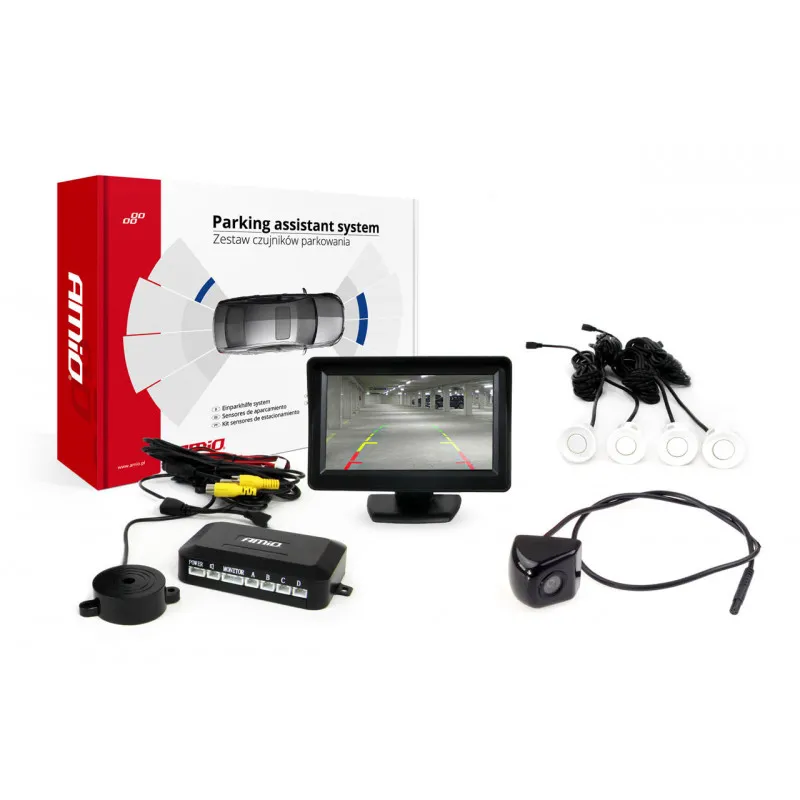 Système d'aide au stationnement TFT 4,3 "avec HD-310 4 capteurs blanc AMIO 02273