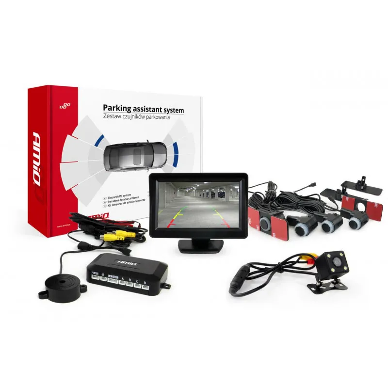 Système d'aide au stationnement TFT 4,3 "avec LED HD 315 4 capteurs noir support intérieur 16,5 mm AMIO 02277
