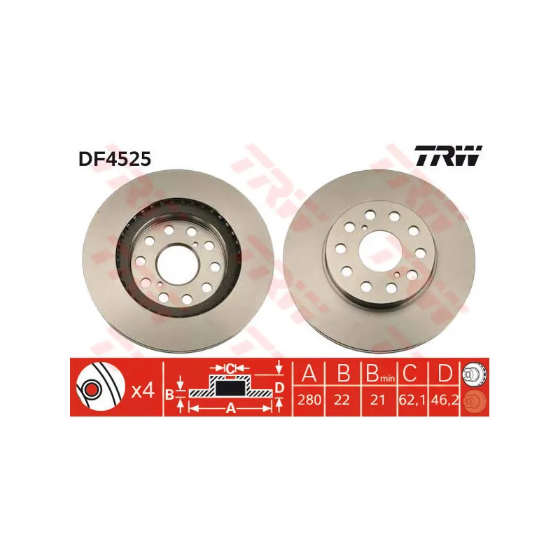 Jeu de 2 disques de frein arrière TRW DF4525