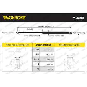 Vérin, capot-moteur MONROE ML6281