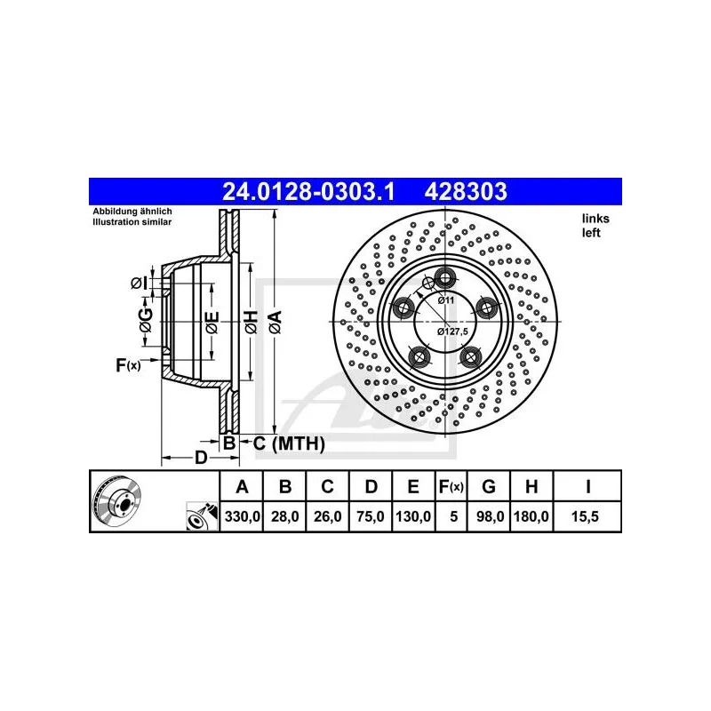 Disque de frein arrière gauche ATE 24.0128-0303.1
