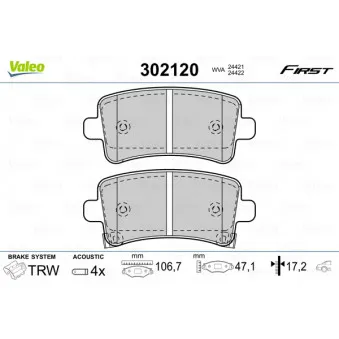 Jeu de 4 plaquettes de frein arrière VALEO 302120