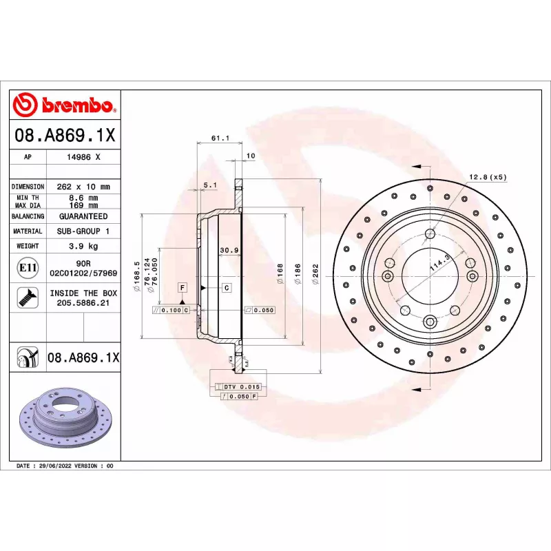 Jeu de 2 disques de frein arrière BREMBO 08.A869.1X