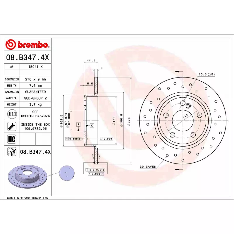 Jeu de 2 disques de frein arrière BREMBO 08.B347.4X