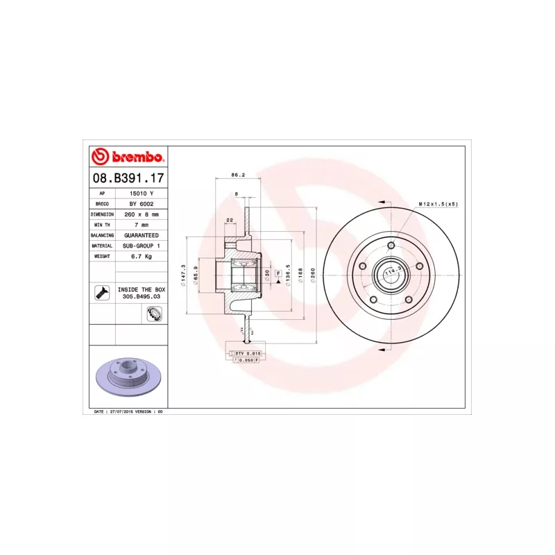 Jeu de 2 disques de frein arrière BREMBO 08.B391.17