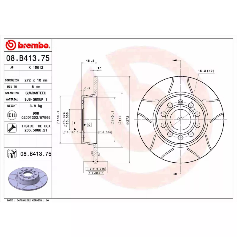 Jeu de 2 disques de frein arrière BREMBO 08.B413.75