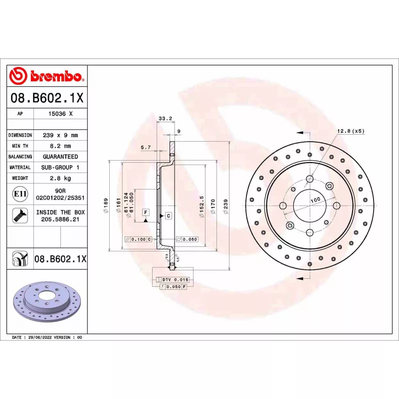 Jeu de 2 disques de frein arrière BREMBO 08.B602.1X