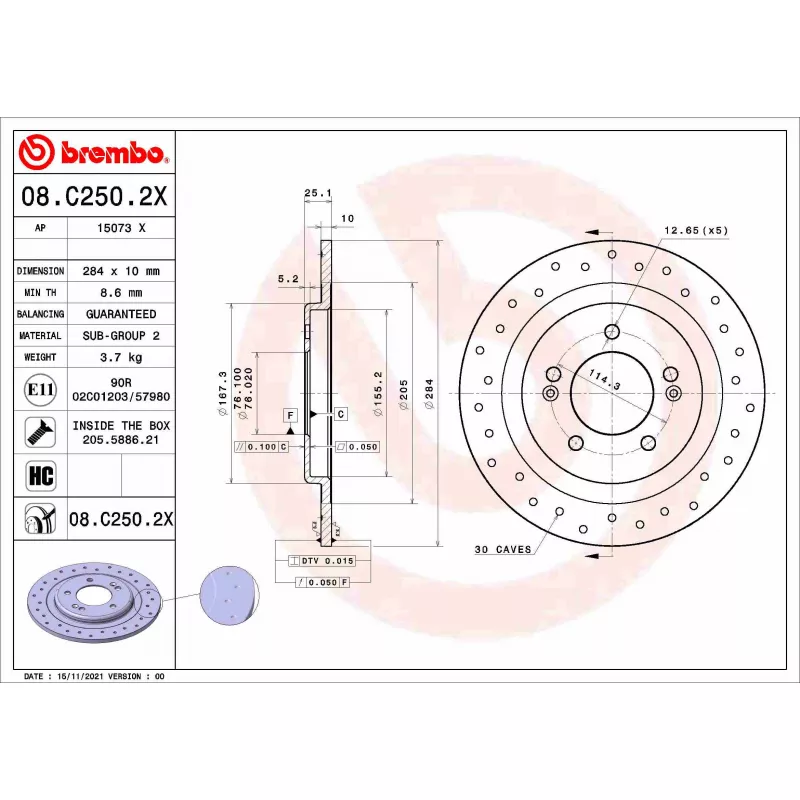 Jeu de 2 disques de frein arrière BREMBO 08.C250.2X