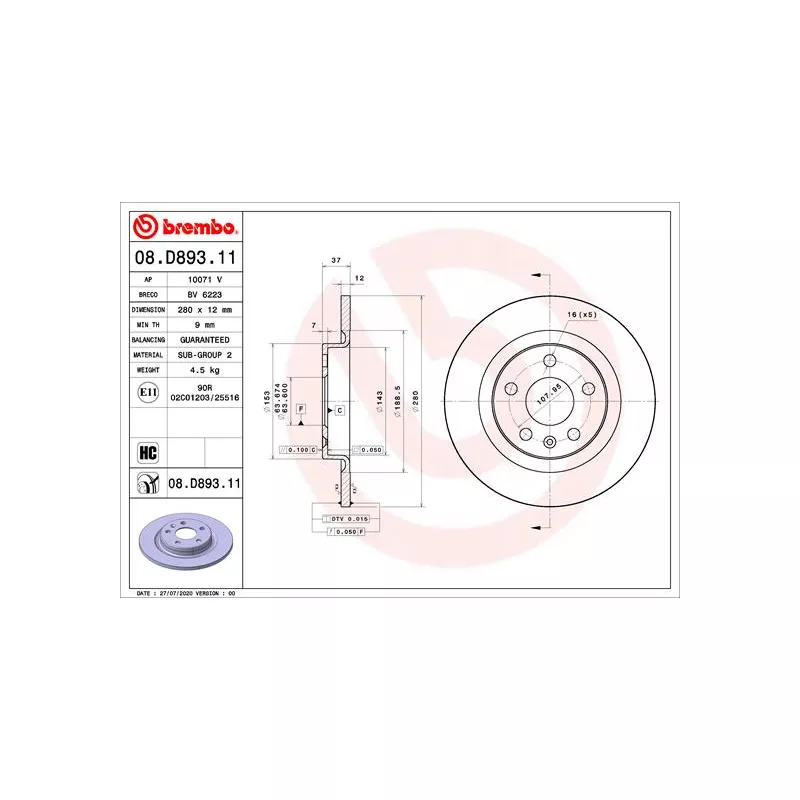 Jeu de 2 disques de frein arrière BREMBO 08.D893.11