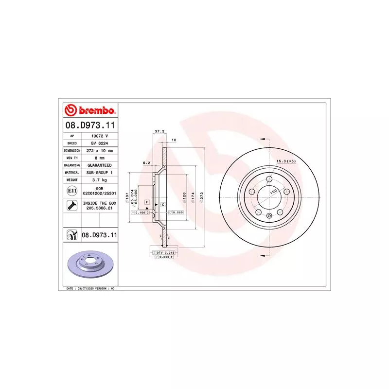 Jeu de 2 disques de frein arrière BREMBO 08.D973.11