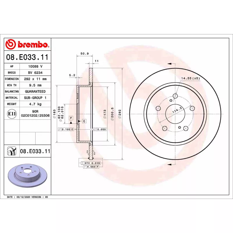 Jeu de 2 disques de frein arrière BREMBO 08.E033.11
