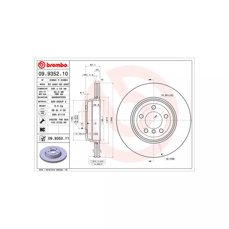 Jeu de 2 disques de frein arrière BREMBO 09.9352.11