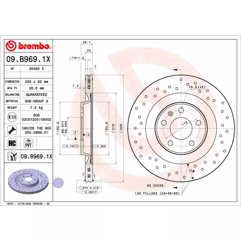 Jeu de 2 disques de frein arrière BREMBO 09.B969.1X