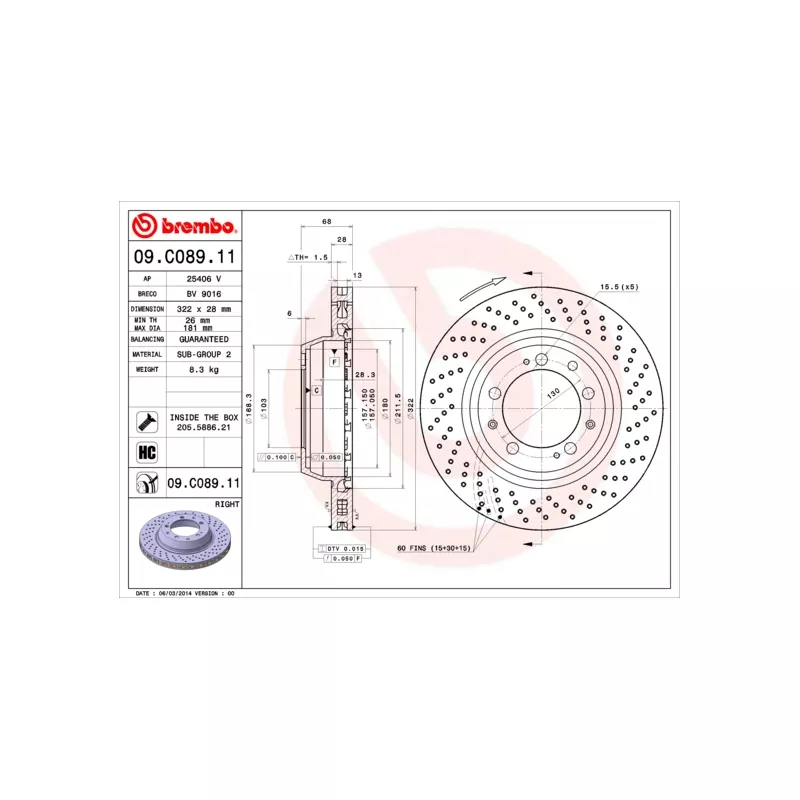 Disque de frein arrière droit BREMBO 09.C089.11