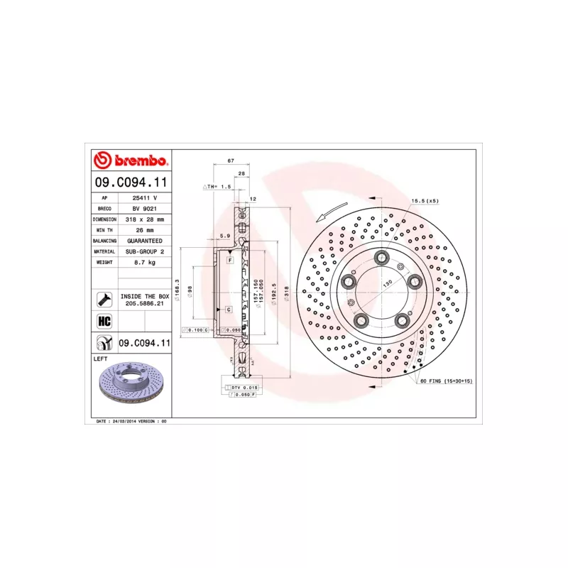 Disque de frein avant gauche BREMBO 09.C094.11