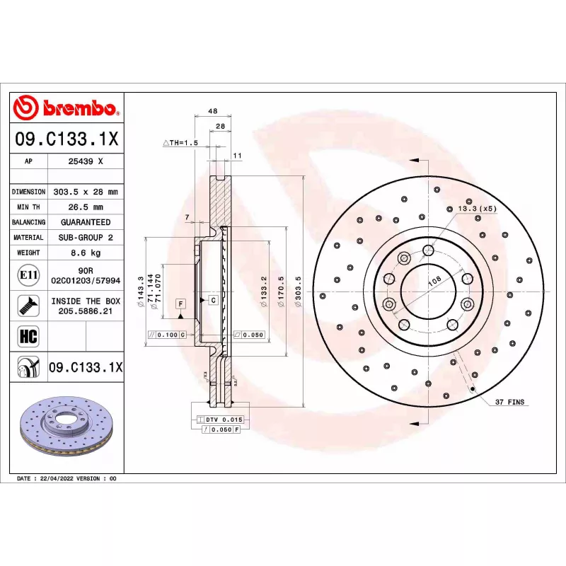 Jeu de 2 disques de frein avant BREMBO 09.C133.1X