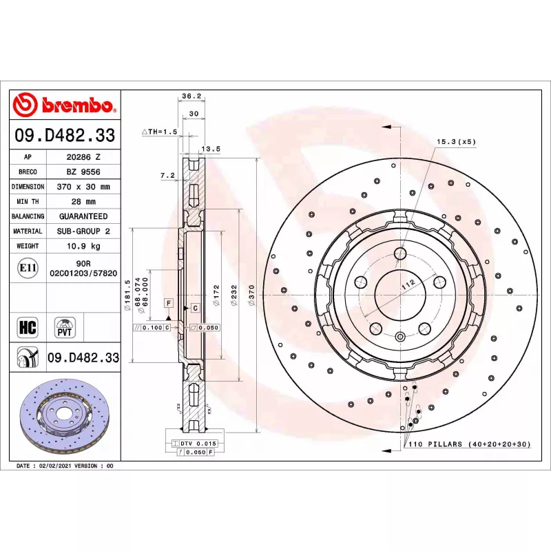 Jeu de 2 disques de frein arrière BREMBO 09.D482.33