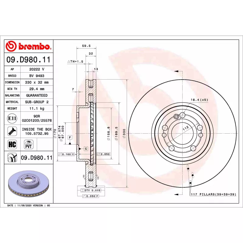 Jeu de 2 disques de frein avant BREMBO 09.D980.11