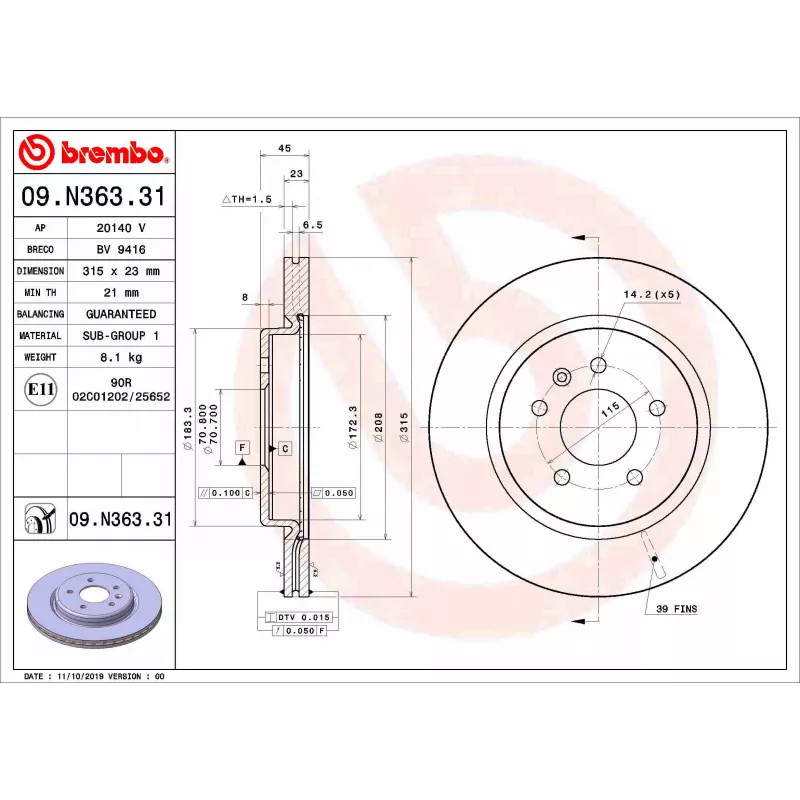 Jeu de 2 disques de frein arrière BREMBO 09.N363.31