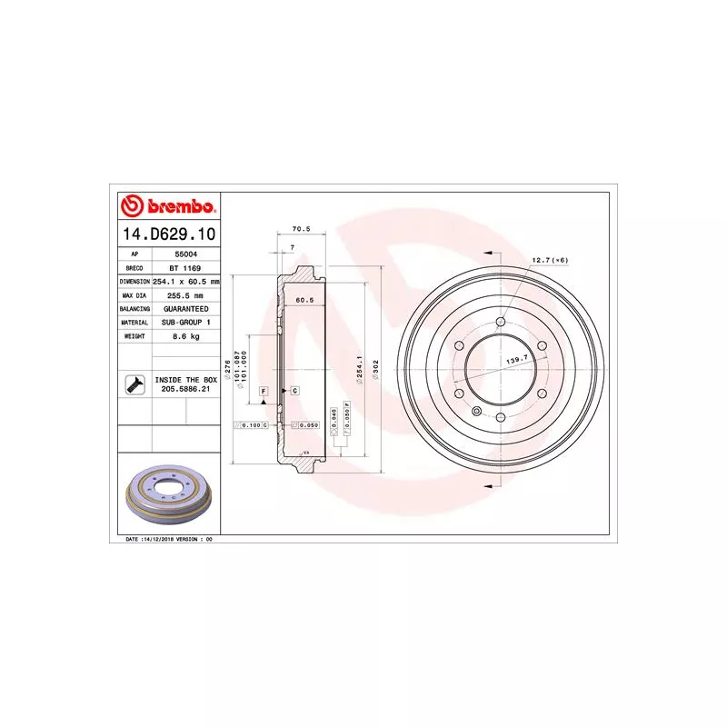 Tambour de frein BREMBO 14.D629.10