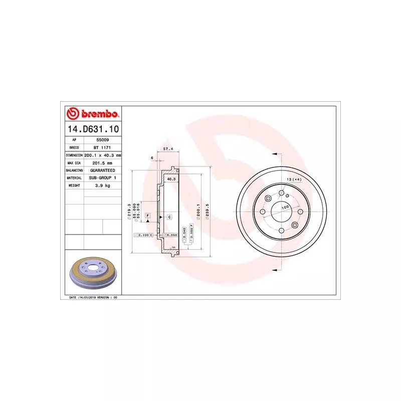 Tambour de frein BREMBO 14.D631.10