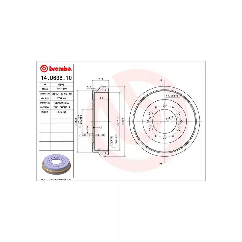Tambour de frein BREMBO 14.D638.10