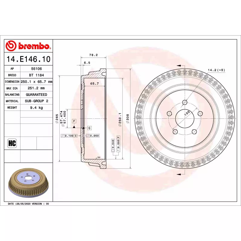 Tambour de frein BREMBO 14.E146.10