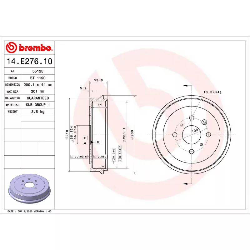 Tambour de frein BREMBO 14.E276.10