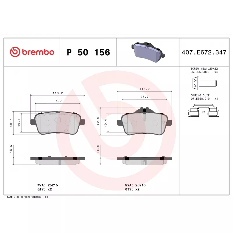 Jeu de 4 plaquettes de frein arrière BREMBO P 50 156