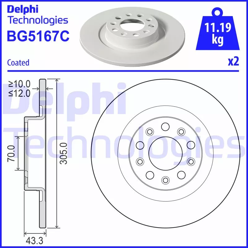Jeu de 2 disques de frein arrière DELPHI BG5167C