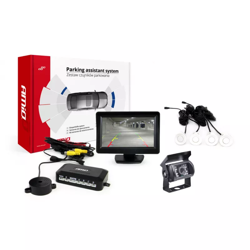 Système d'aide au stationnement TFT01 4,3" avec HD-501-IR 4 capteurs blanc AMIO 02668
