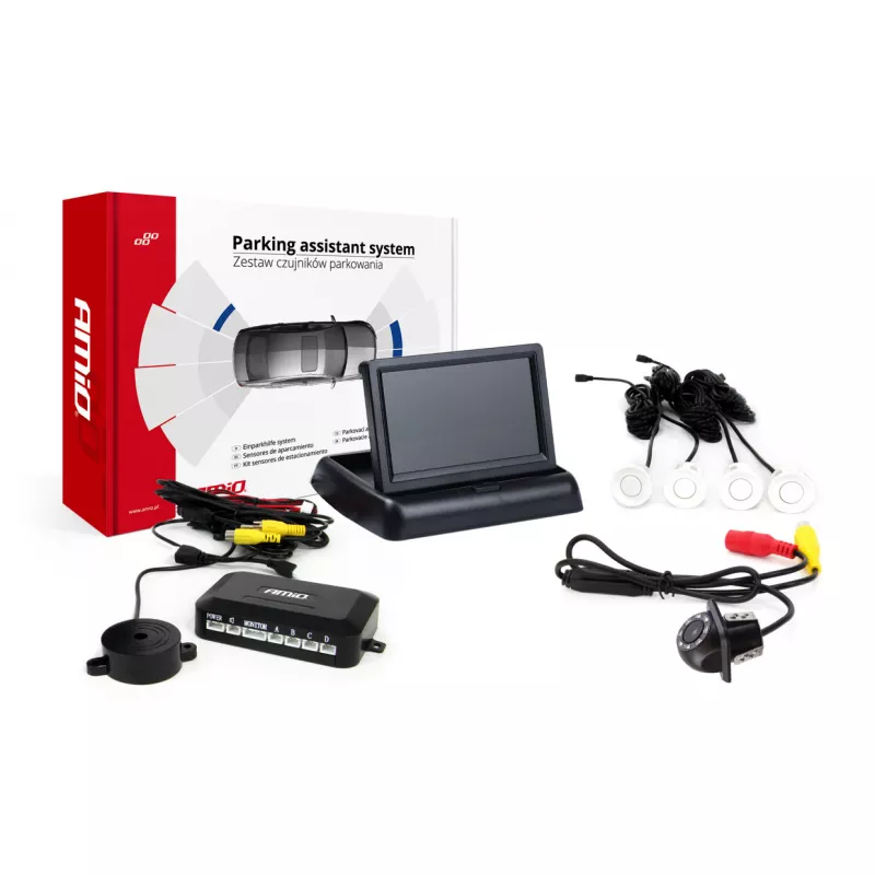 Système d'aide au stationnement TFT02 4,3" avec HD-305-LED 4 capteurs blanc AMIO 02679