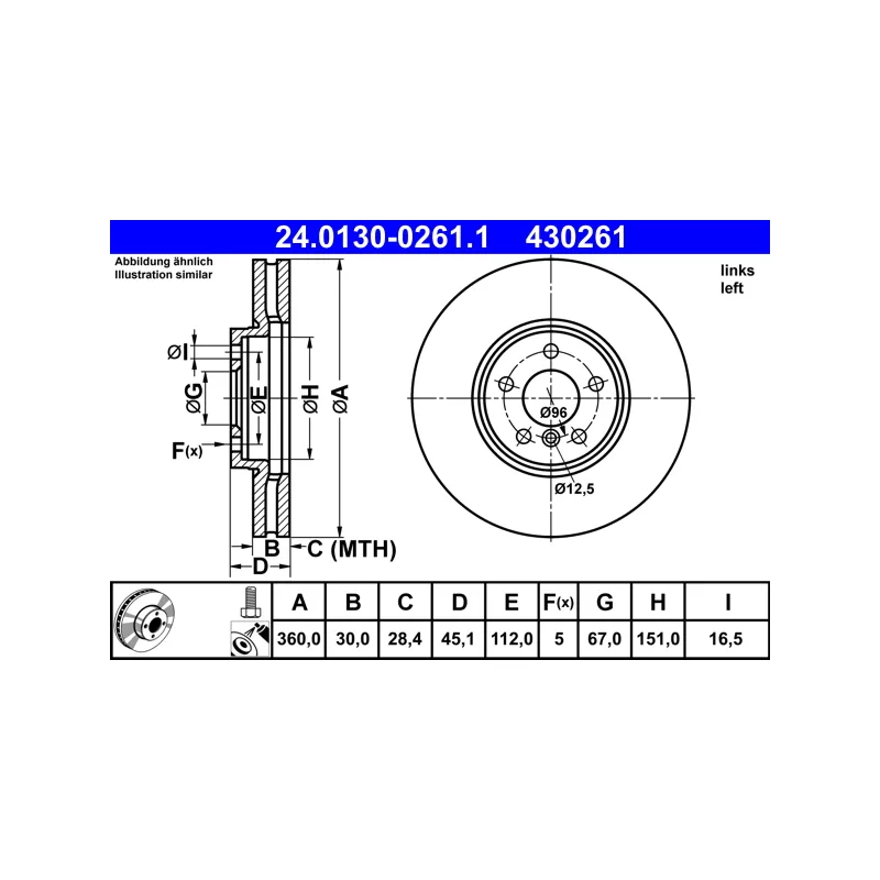 Disque de frein arrière gauche ATE 24.0130-0261.1