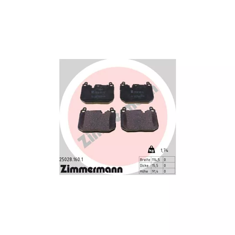 Jeu de 4 plaquettes de frein avant ZIMMERMANN 25028.160.1