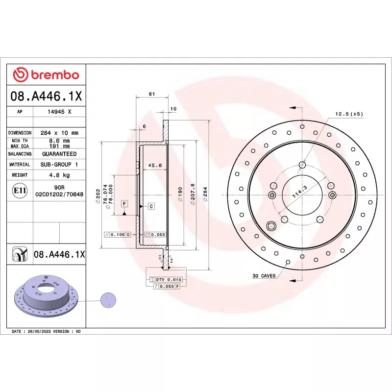 Jeu de 2 disques de frein arrière BREMBO 08.A446.1X