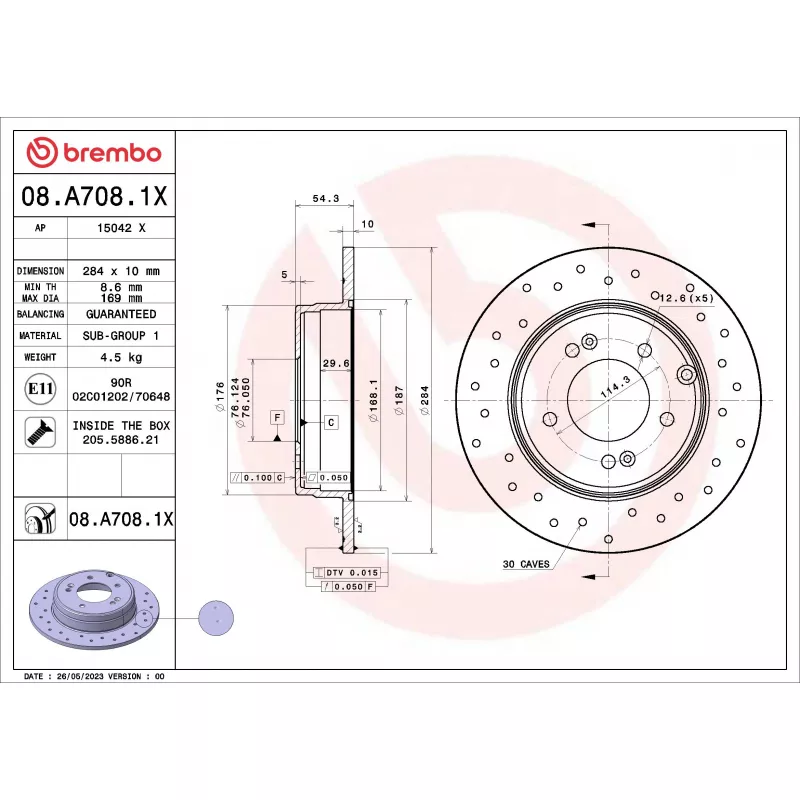 Jeu de 2 disques de frein arrière BREMBO 08.A708.1X
