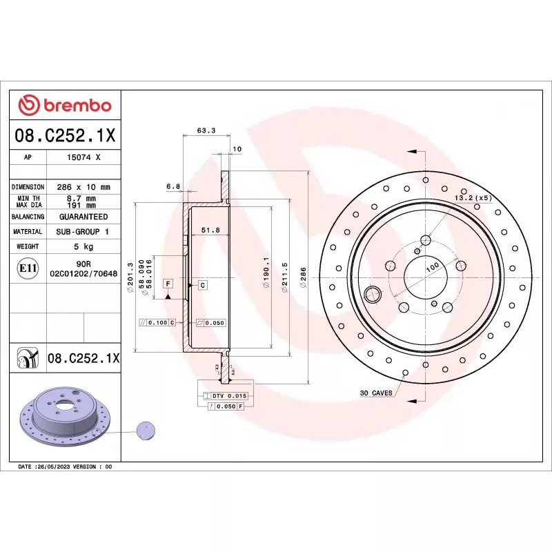 Jeu de 2 disques de frein arrière BREMBO 08.C252.1X