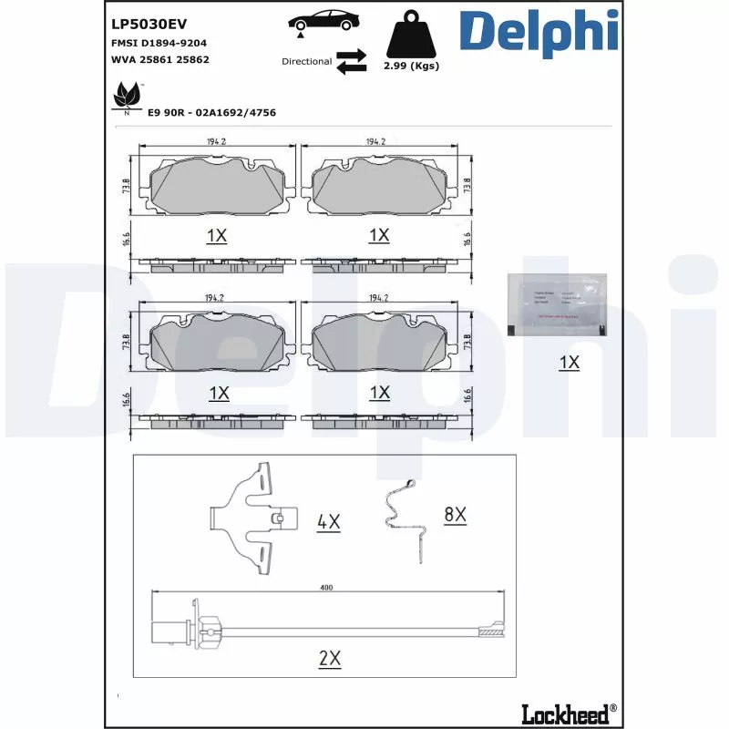Jeu de 4 plaquettes de frein avant DELPHI LP5030EV