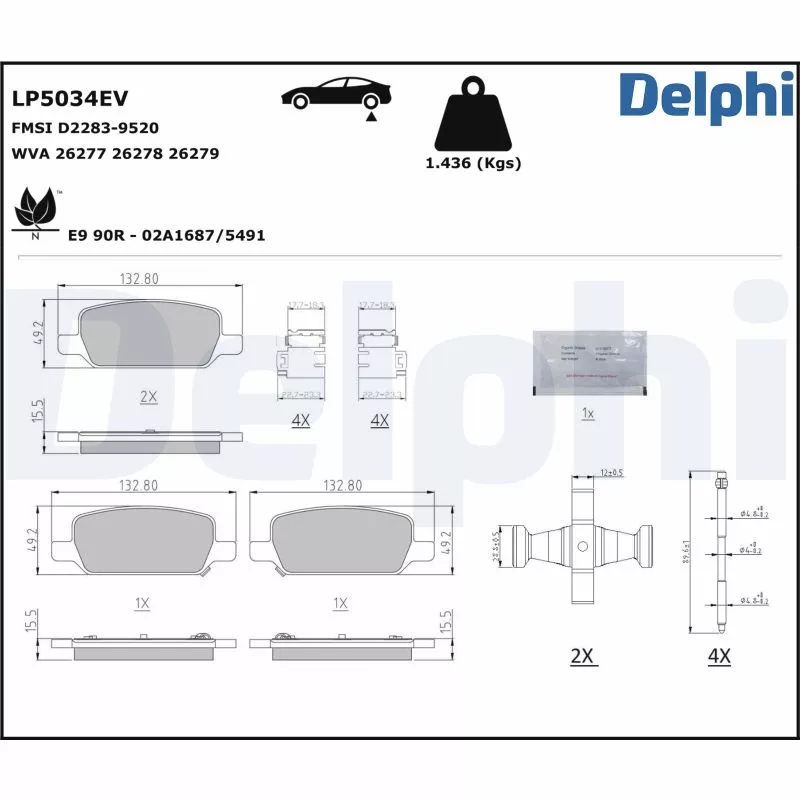 Jeu de 4 plaquettes de frein arrière DELPHI LP5034EV