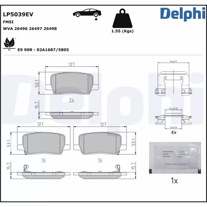Jeu de 4 plaquettes de frein arrière DELPHI LP5039EV